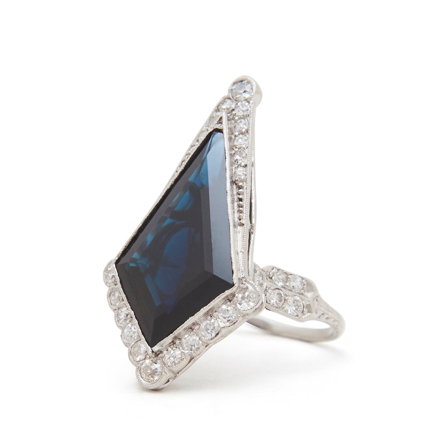 Art Deco Diamond and Kite Sapphire Platinum Ring