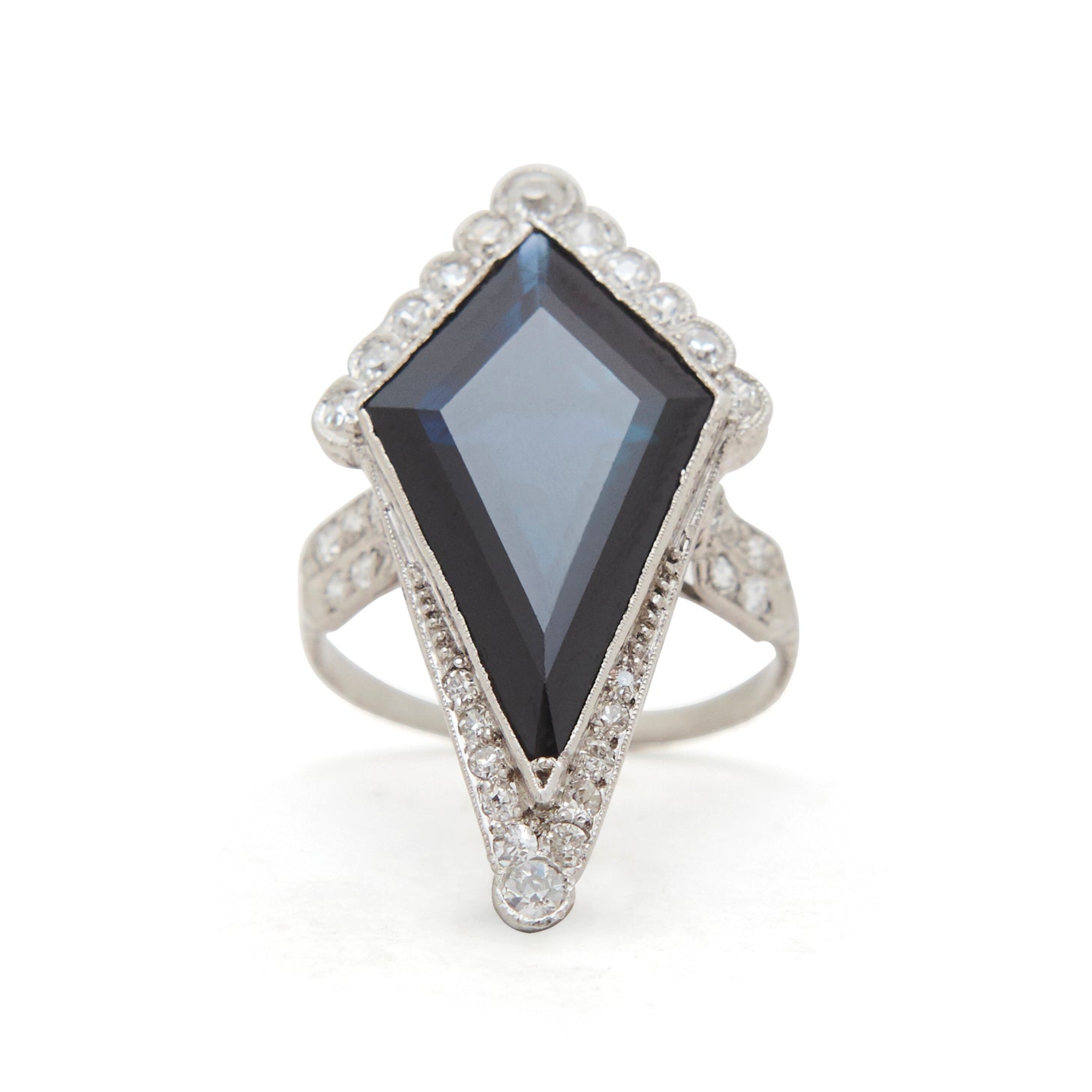 Art Deco Diamond and Kite Sapphire Platinum Ring
