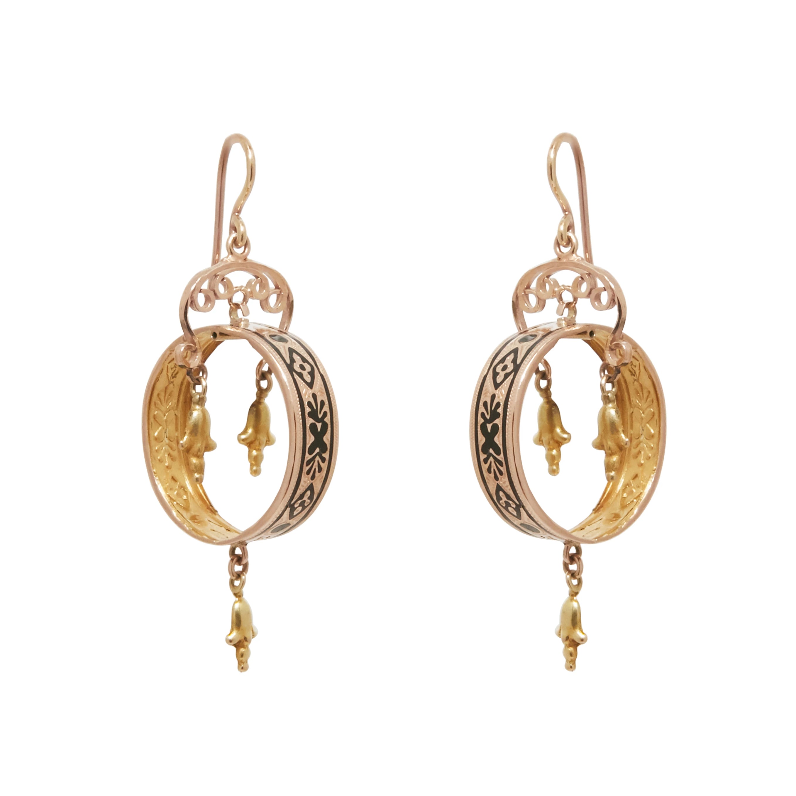 Victorian 14K Gold And Black Enamel Open Dangle Earrings