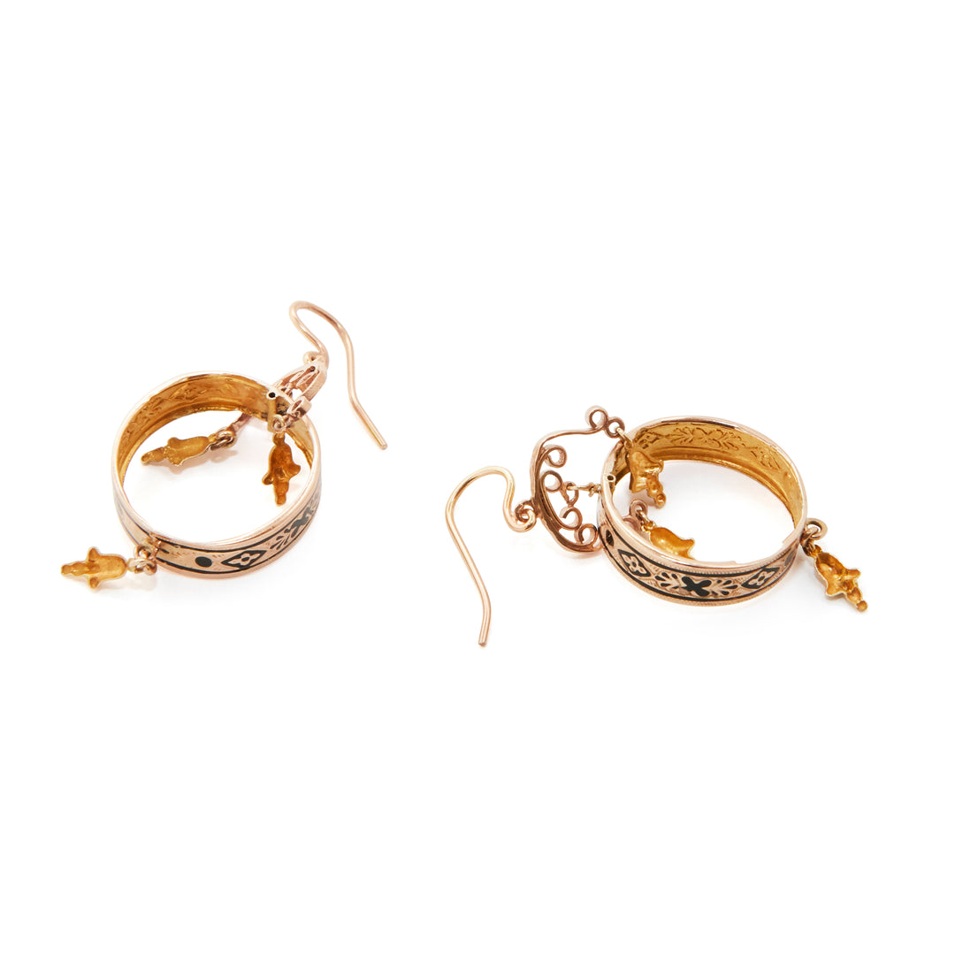 Victorian 14K Gold And Black Enamel Open Dangle Earrings