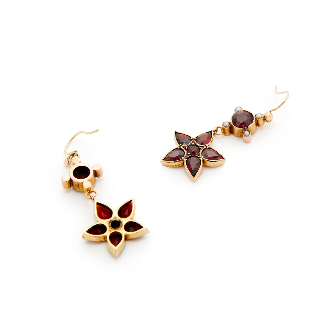 Garnet And Pearl Floral Dangle Earrings