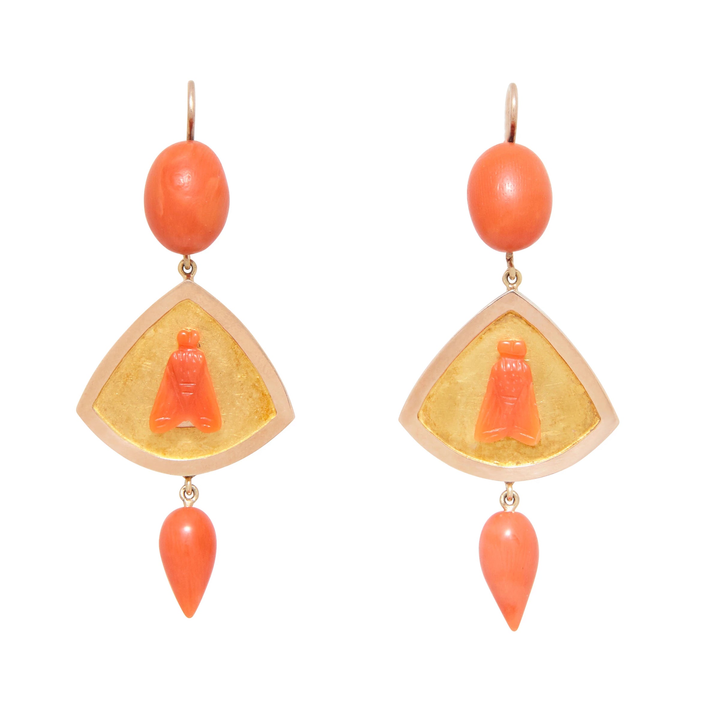 Victorian Coral Fly And 14K Gold Dangle Earrings