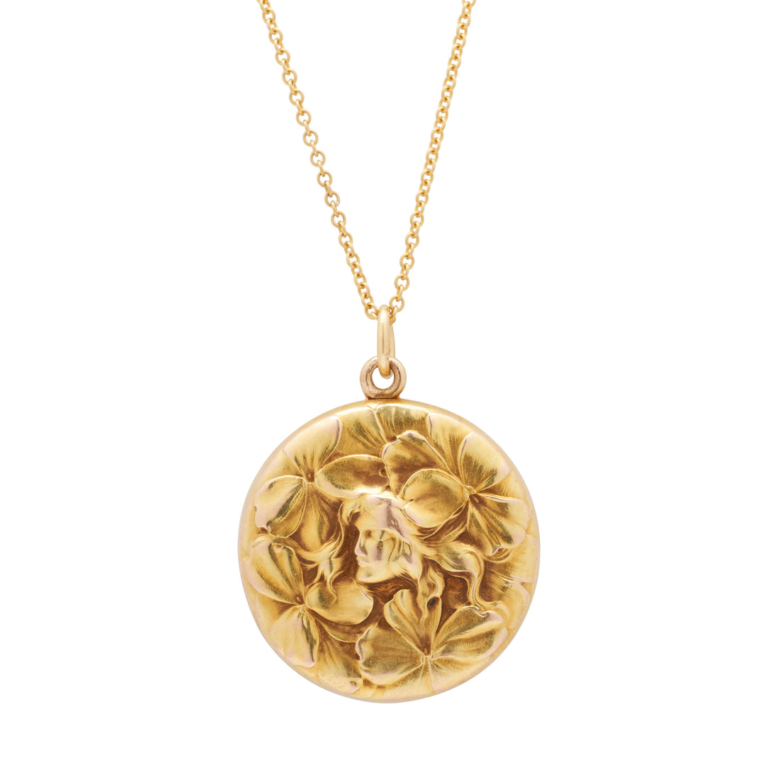 Art Nouveau Repousse 14k Yellow Gold Locket Necklace