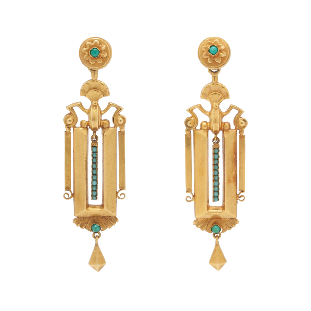Victorian Etruscan Revival 18K Gold And Turquoise Earrings