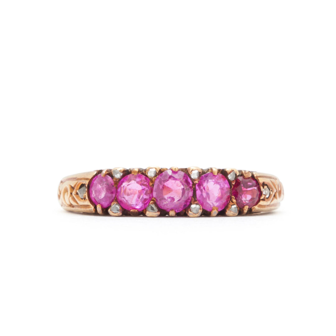 Victorian Five-Stone Ruby And Rose Cut Diamond 18k Gold Ring