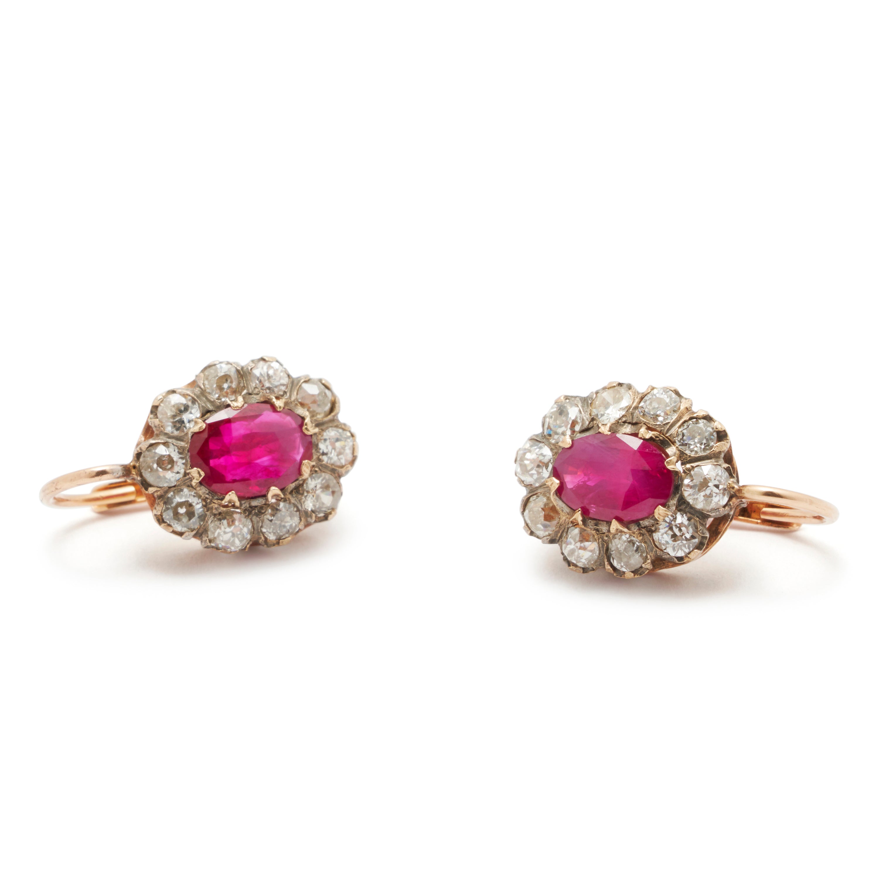 Victorian Ruby And Diamond 14k Rose Gold Cluster Earrings