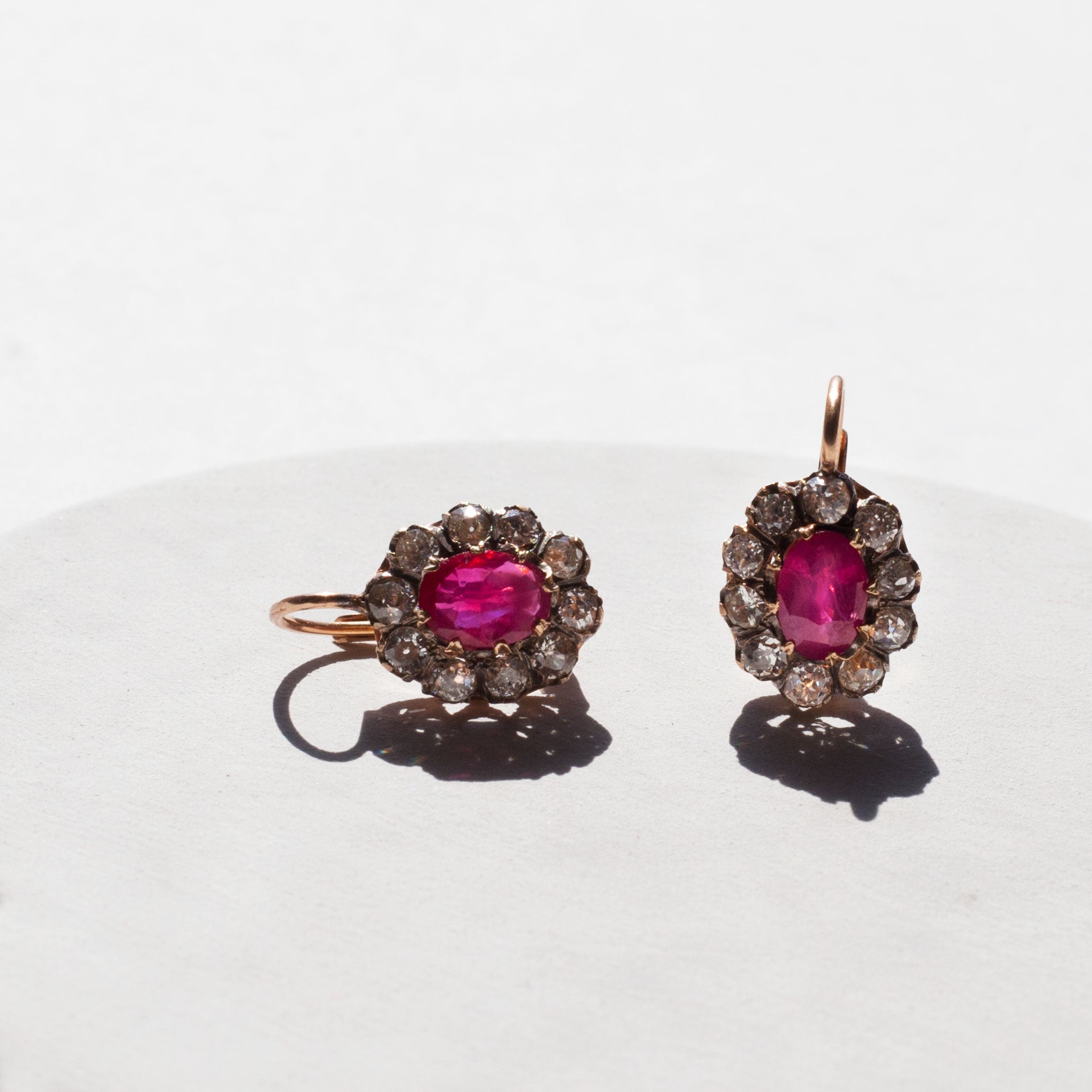 Victorian Ruby And Diamond 14k Rose Gold Cluster Earrings