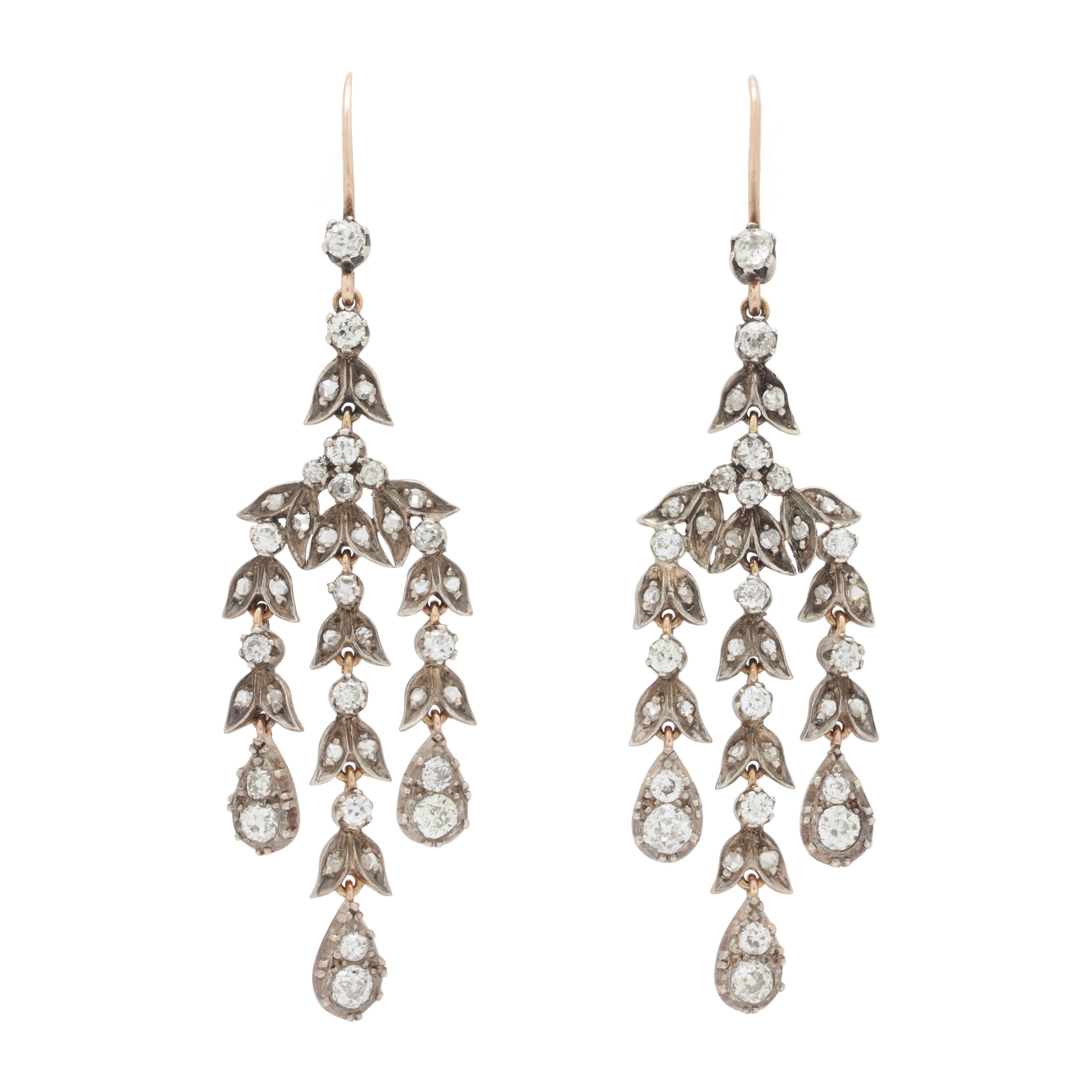 Victorian Rose And Old Mine Cut Diamond Chandelier Earrings