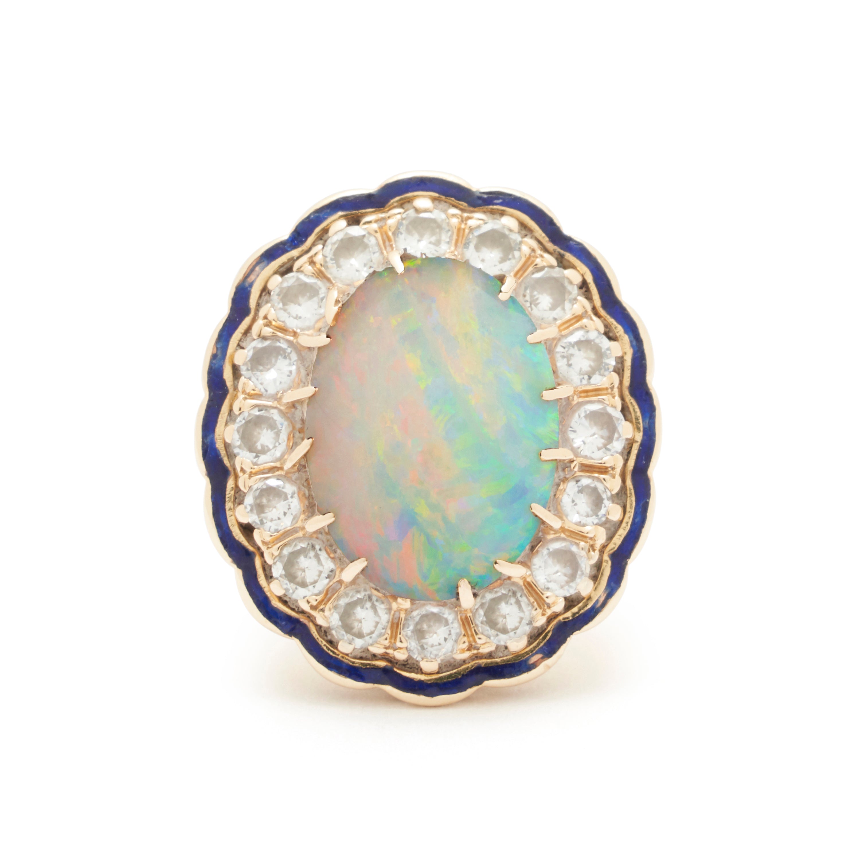 Large Opal Diamond Cluster And Enamel 14k Gold Ring