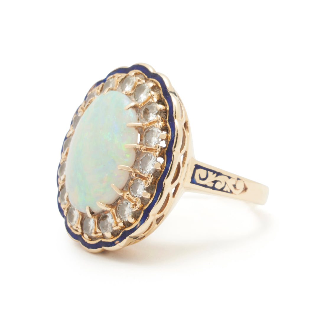 Large Opal Diamond Cluster And Enamel 14k Gold Ring