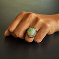 Large Opal Diamond Cluster And Enamel 14k Gold Ring