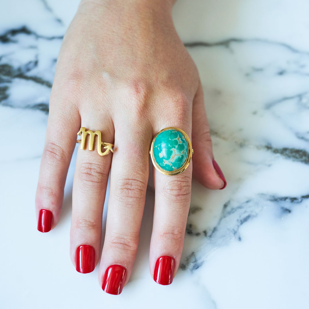 Large Green Turquoise And 18k Gold Ring