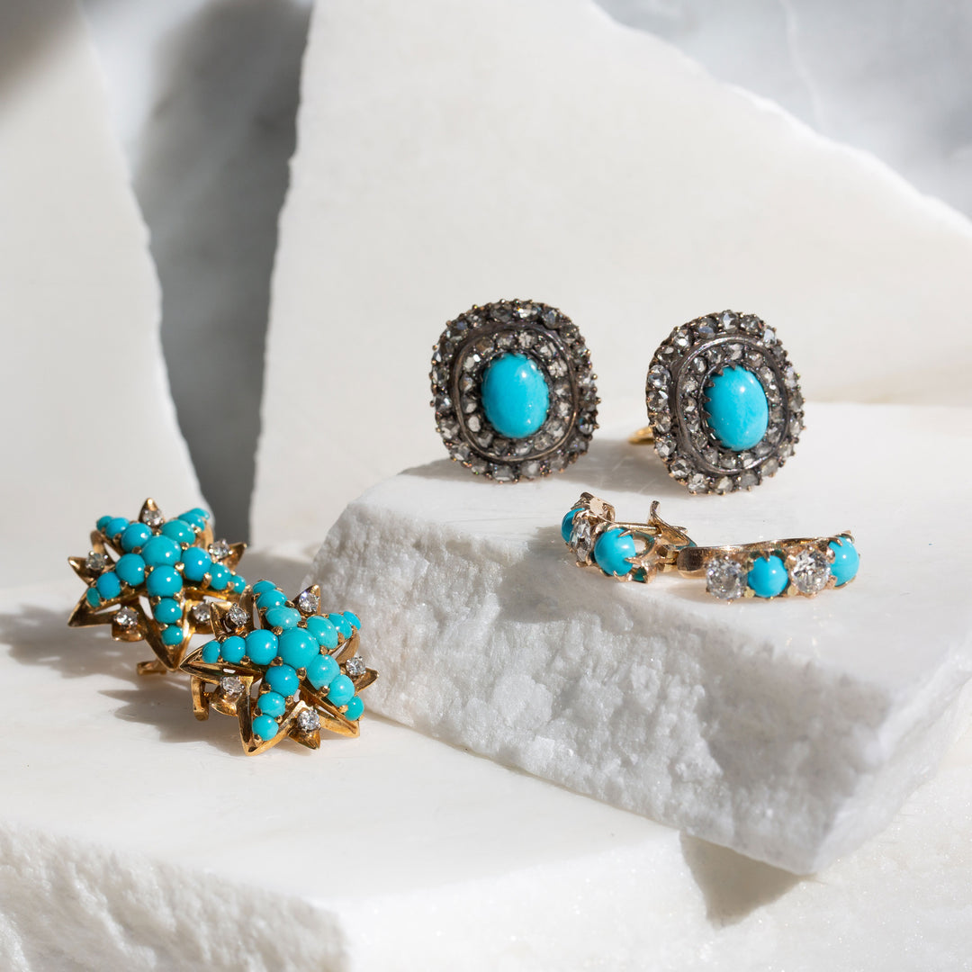 Victorian Old Mine Cut Diamond And Turquoise 14k Gold Earrings