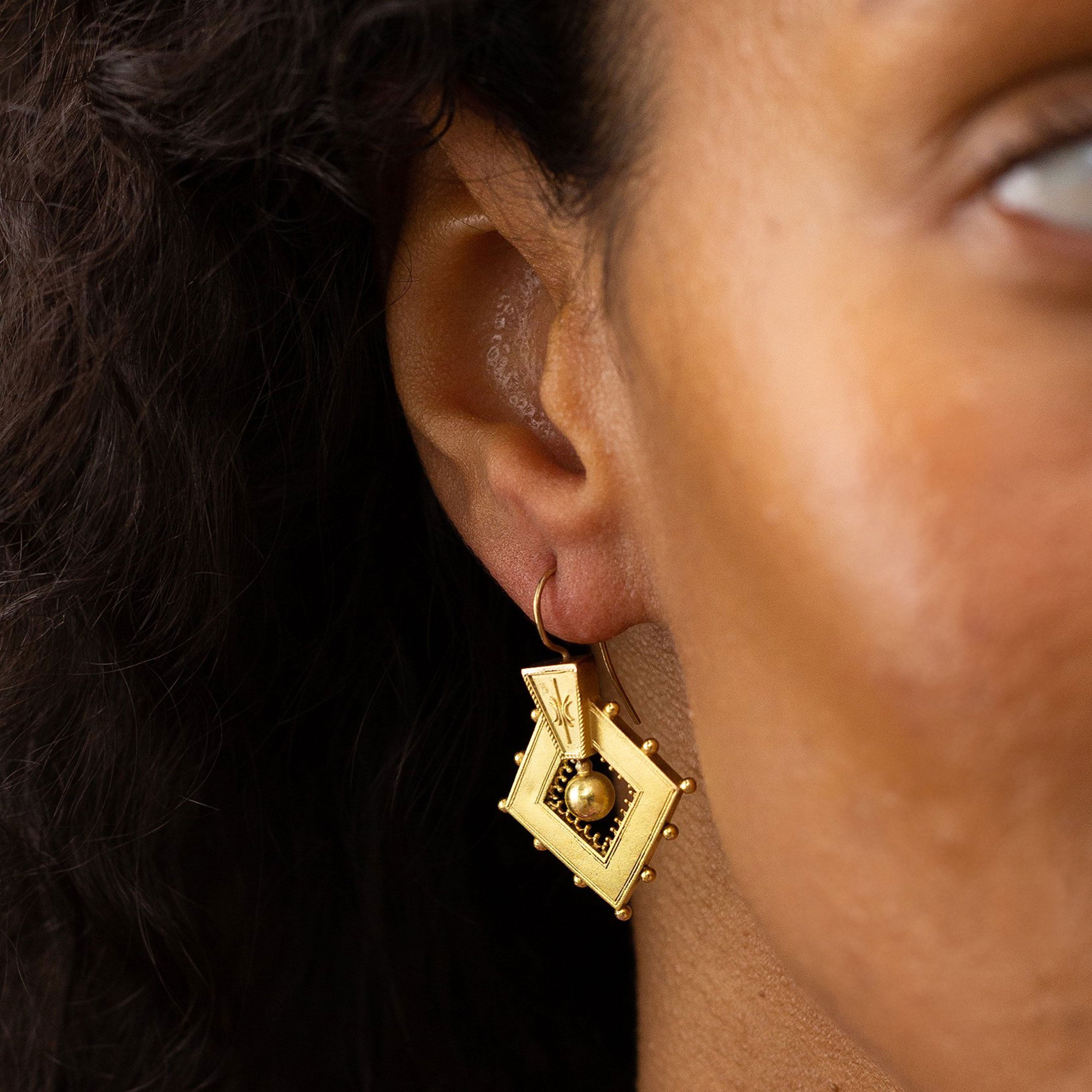 Victorian Etruscan Revival 14k Gold Drop Earrings