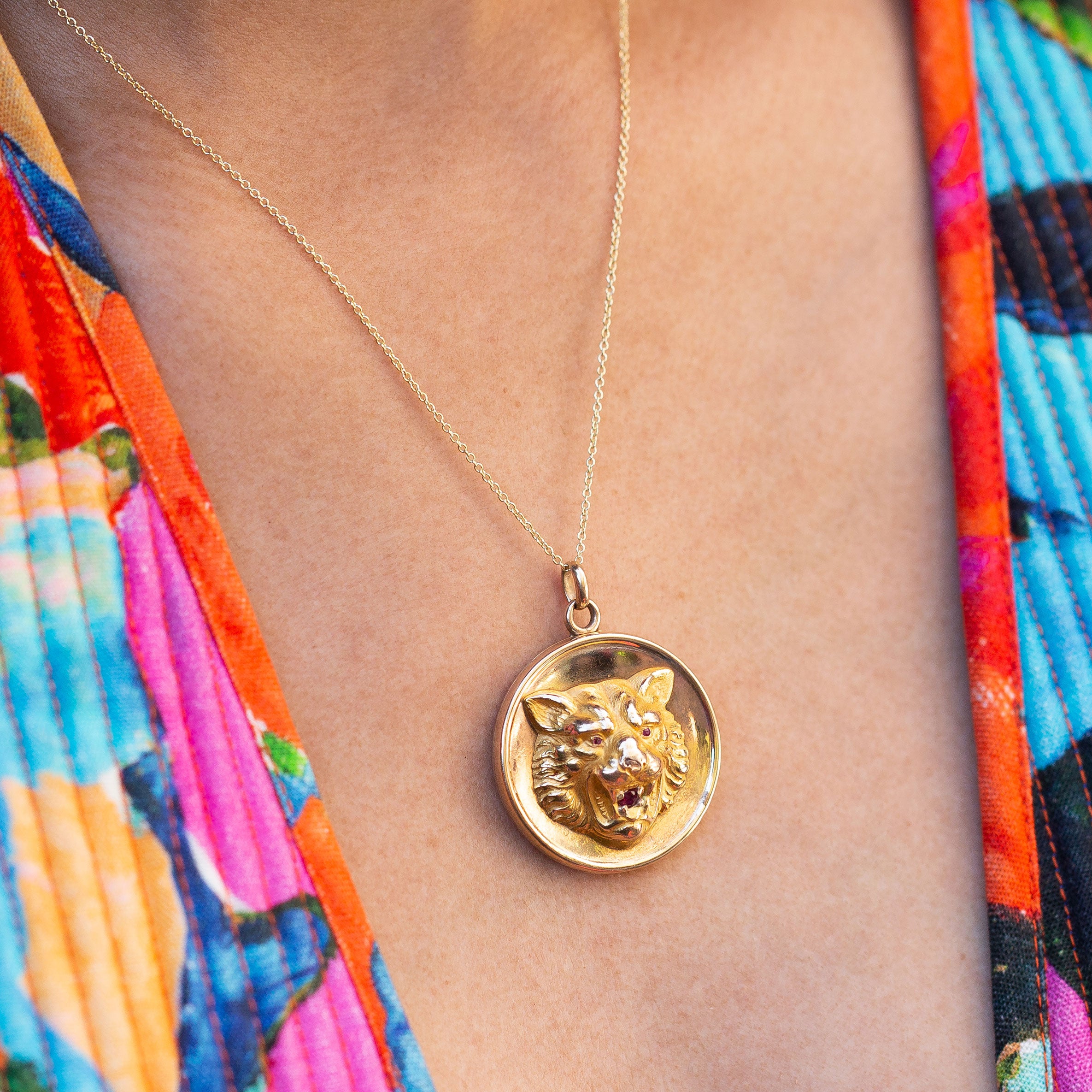 Victorian Lion's Head 14k Gold and Garnet Locket