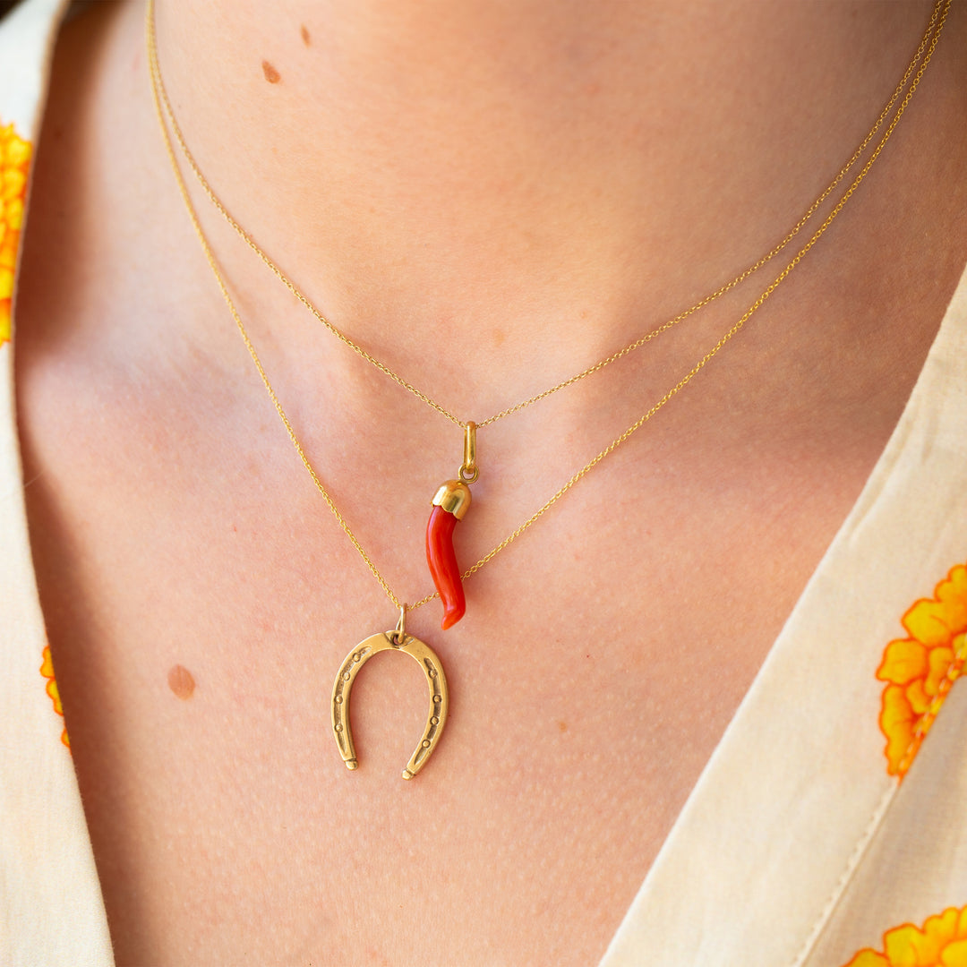 Coral Cornicello Horn And 18K Gold Charm
