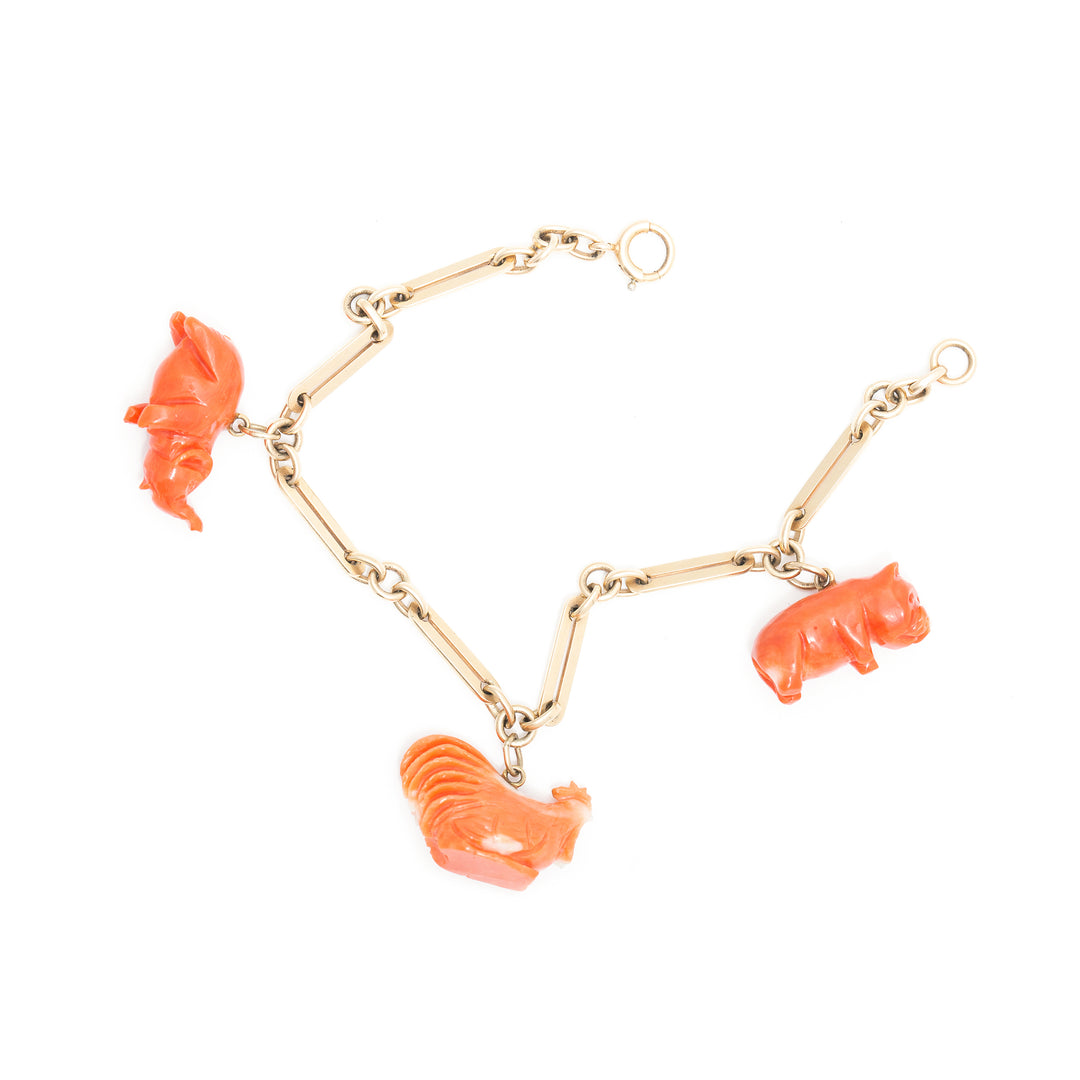 Victorian 14k Gold And Coral Animal Charm Bracelet