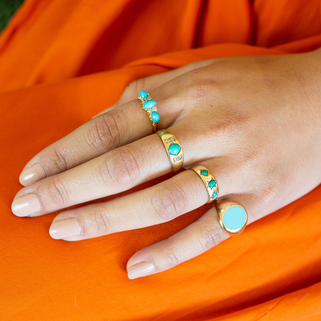 Victorian Turquoise Gypsy Set 18k Yellow Gold Ring